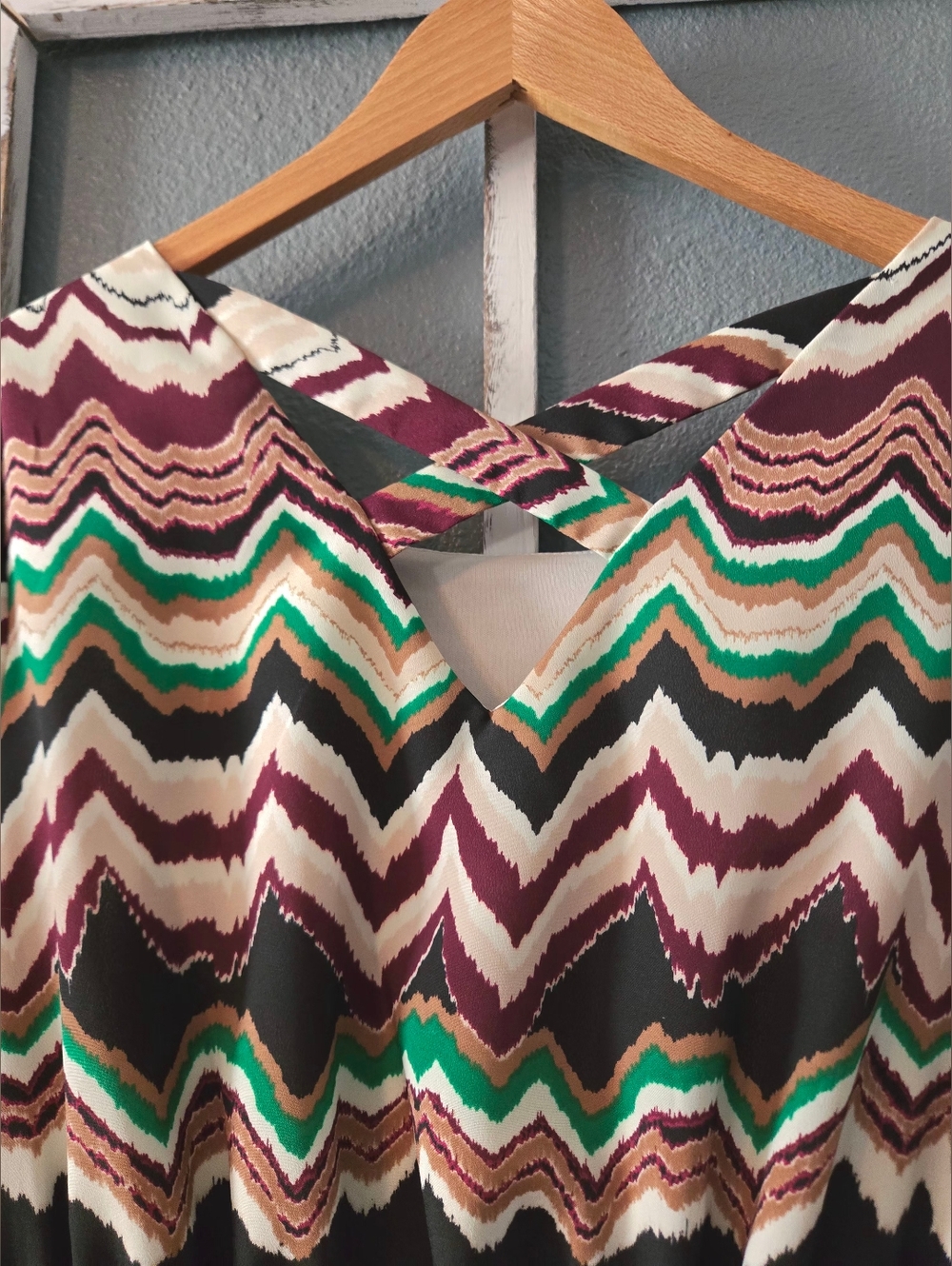 Takara Chevron Zig-Zag Blouson Mini Dress | Size M | Boho Earth Tones - Picture 4 of 7